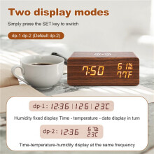 Despertador Digital, Despertador de Temperatura e Umidade LED RelóGio EletrôNico Carregador Sem Fio para Smartphone (Marrom)