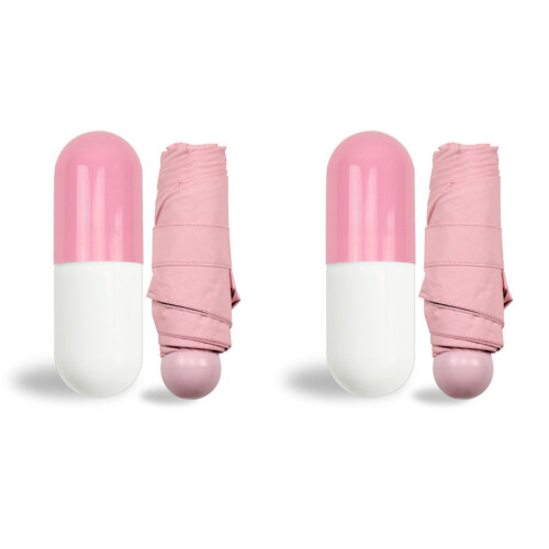 2Pcs Windproof Pink Compact Umbrella with Portable Capsule Case