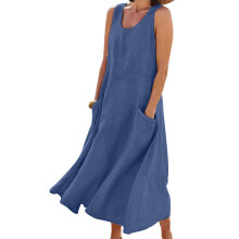 Classical Round Neck Summer Dress Soft Cotton Fabric-Blue S