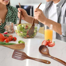 Holz Geschirr, Teakholz Kochgeschirr Set mit StäNder, Geeignet für Antihaft Koch Geschirr, Holz Schaufel LöFfel Kochen 5 StüCk