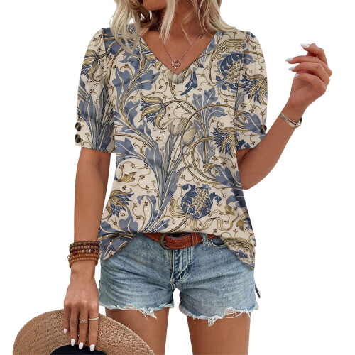 Women's  Short Sleeve Button-Down V-Neck Shirts-Dark Grey L