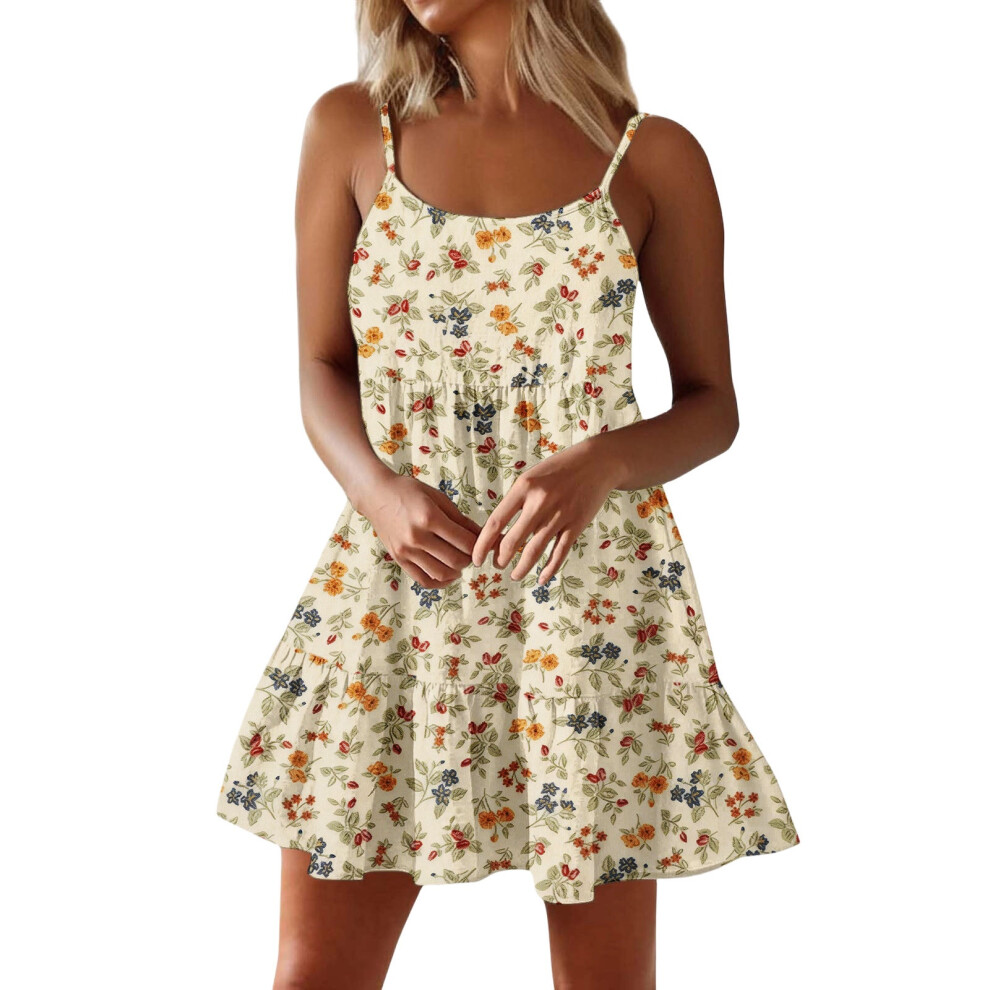 Beige Women Spaghetti Strap Ruffle Tiered Short Flowy Dress- Xl