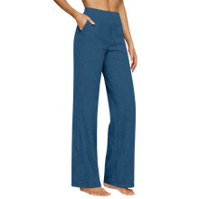 Bequeme Damen-Freizeithose aus Baumwollleinen mit hoher-Blau XL