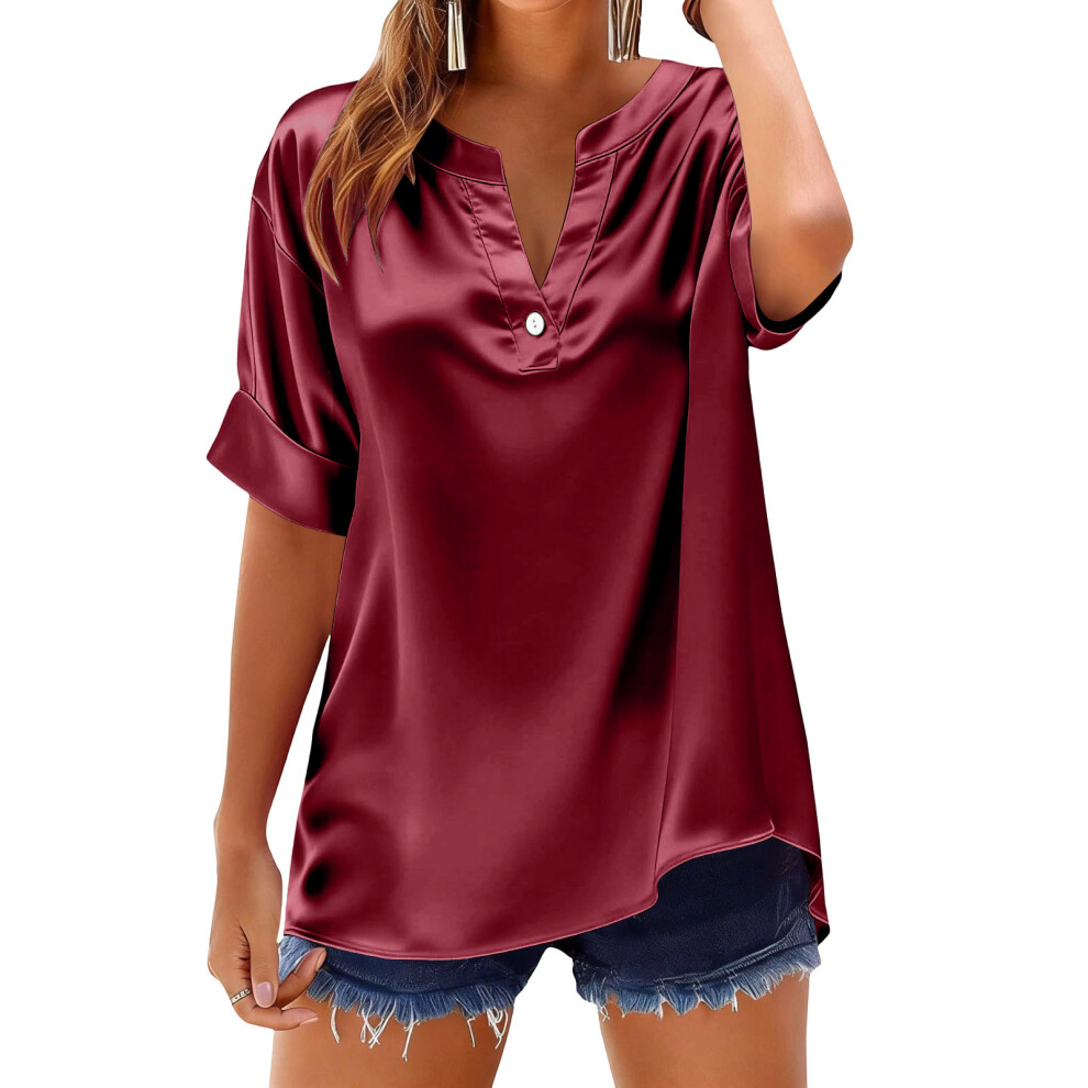 Burgundy Women's Silk Short Sleeve V Neck Button Down- Xxl