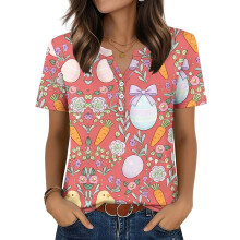 Women's T-Shirts, V-Neck, Short Sleeve, Elegant Casual-Red XXL
