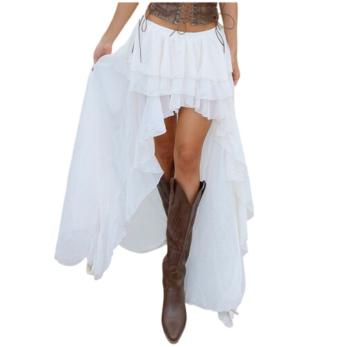 Womens Chiffon Long Skirts Asymmetricals Layered Ruffle-S