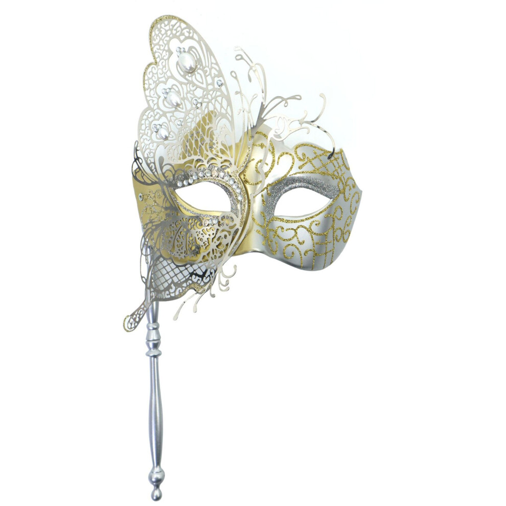 Eye Catching Metal Handheld Butterfly Mask-Silver Gold 7696001937532