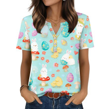 Women's T-Shirts, V-Neck, Short Sleeve, Elegant-Sky Blue XL