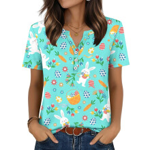Women's T-Shirts, V-Neck, Short Sleeve, Elegant Casual-Blue XL