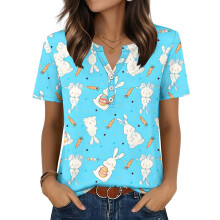 Women's T-Shirts, V-Neck, Short Sleeve, Elegant-Sky Blue XXL