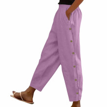 Elegant Casual Pants With Elastic Waist And Button-pink M
