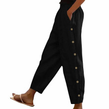 Classical Women's Pants Loose Fit Design Side Button-Black M
