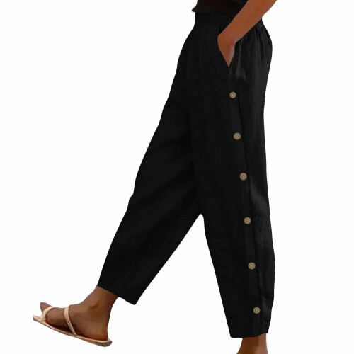 Classical Women's Pants Loose Fit Design Side Button-Black M
