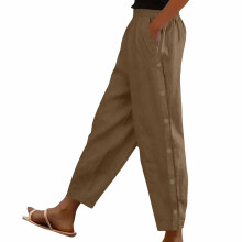 Ladies Casual Loose Fit Polyester Trousers With Side-Khaki XL