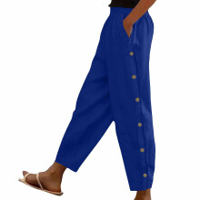 Ladies High Waist Casual Pants Side Button Pockets-Blue S