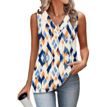 Women's Sleeveless Tops, Loose Fit, V-Neck, Summer,-Blue L