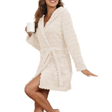 Damen-Roben, kurzer Plüsch-Bademantel, knielang, warm,-Beige XXL