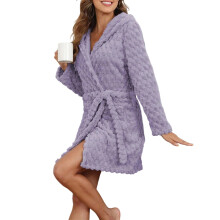Damen-Roben, kurzer Plüsch-Bademantel, knielang, warm,-Lila XL