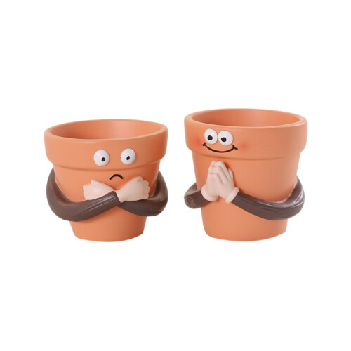 Pots en forme de main de prière avec visages amusants, Pots de