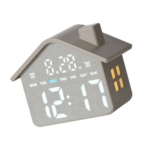 Cute House Shape Electronic Digital Alarm Clock With Night-Gray