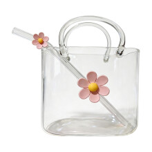 Fashion Flower Print Juice Glass With Build In Straw Ideal-B