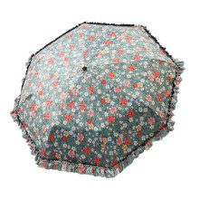 Floral Print Lace Clasp Sun Umbrella Layer Pongee Fabric-Green