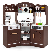 Cozinha de canto de madeira com som e som. Luz e luz Máquina de café e máquina de café Conjunto de cozinha infantil slide marrom