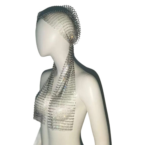 Elegant Handmade Crystal Embellished Fishnets Scarf-Silver 90cm