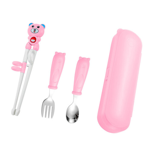 Children Practice Chopsticks With Matching Spoon Fork Cartoon-1