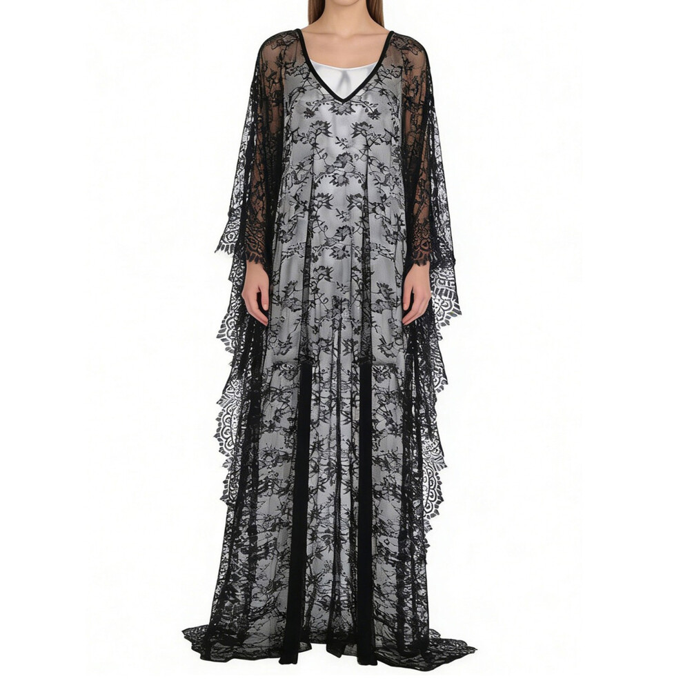 (One Size, Black) Womenâs Sheer Lace Lingerie Nightgown Batwing Sleeve V-Neck See-Through Long Dress Loose Sleepwear
