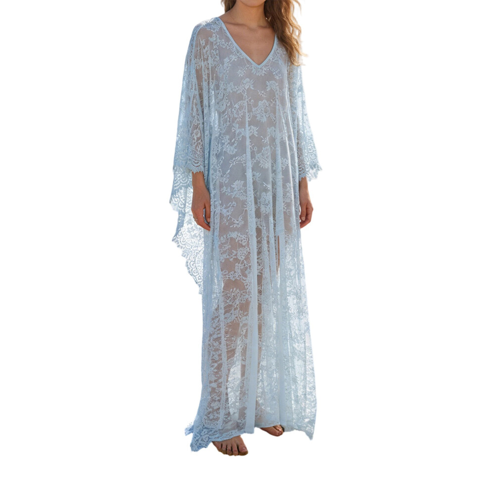 (One Size, Blue) Womenâs Sheer Lace Lingerie Nightgown Batwing Sleeve V-Neck See-Through Long Dress Loose Sleepwear