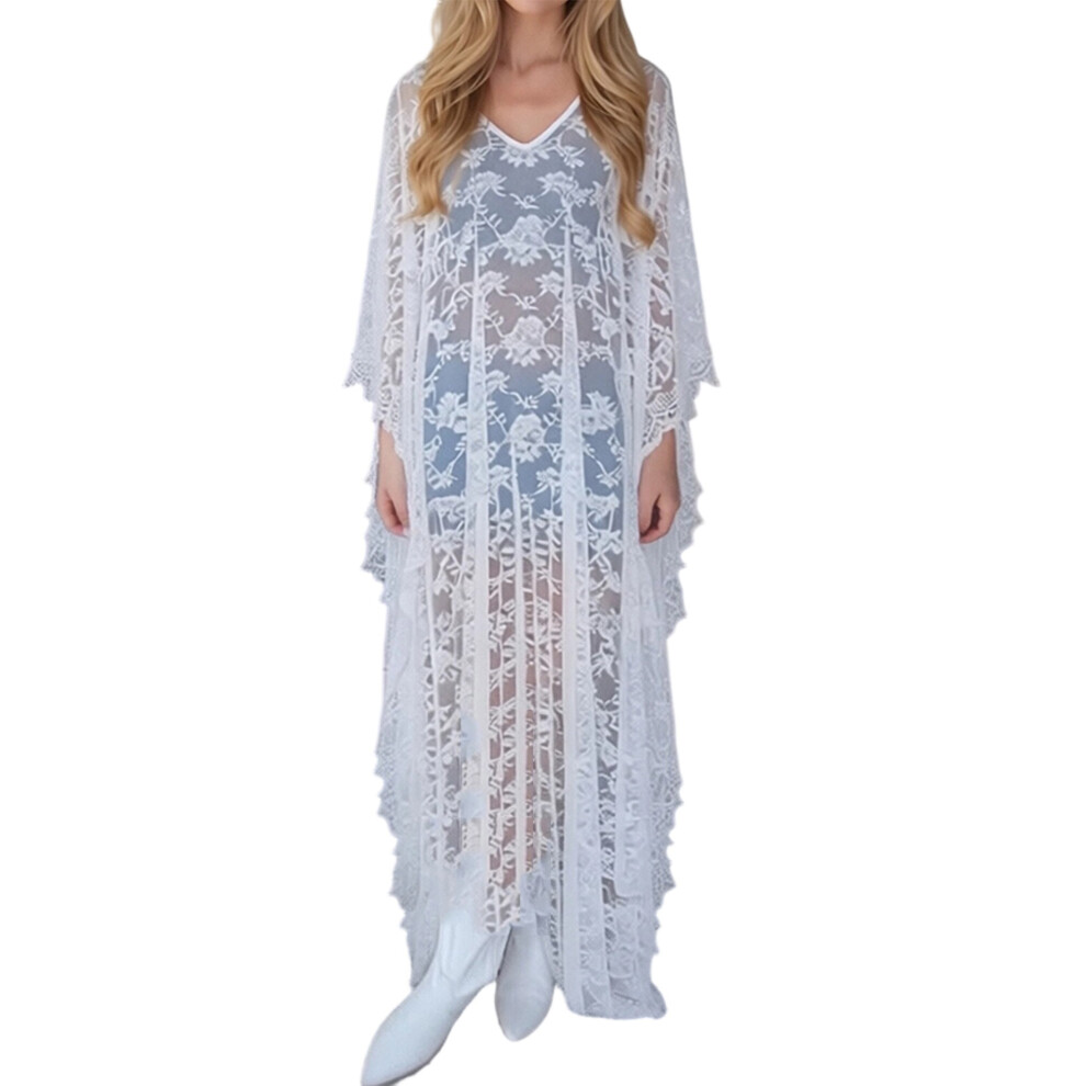 (One Size, White) Womenâs Sheer Lace Lingerie Nightgown Batwing Sleeve V-Neck See-Through Long Dress Loose Sleepwear