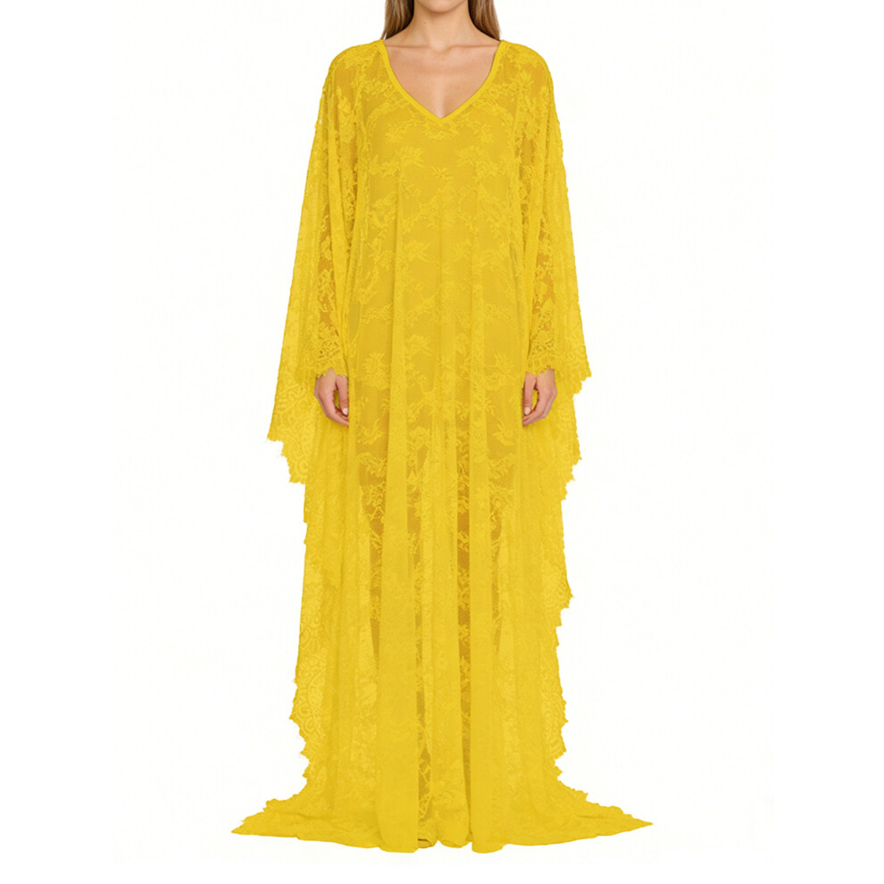 (One Size, Yellow) Womenâs Sheer Lace Lingerie Nightgown Batwing Sleeve V-Neck See-Through Long Dress Loose Sleepwear