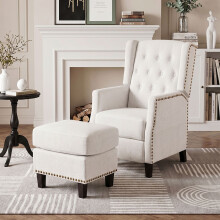 Fabric Upholstered Sofa Pushback Reclining Chair Armchair with Footstool, White