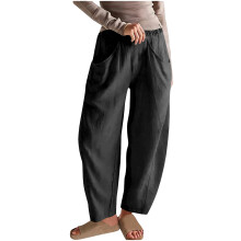 Linen Pants for Women Cotton Baggy Casual Pants-Black XXL