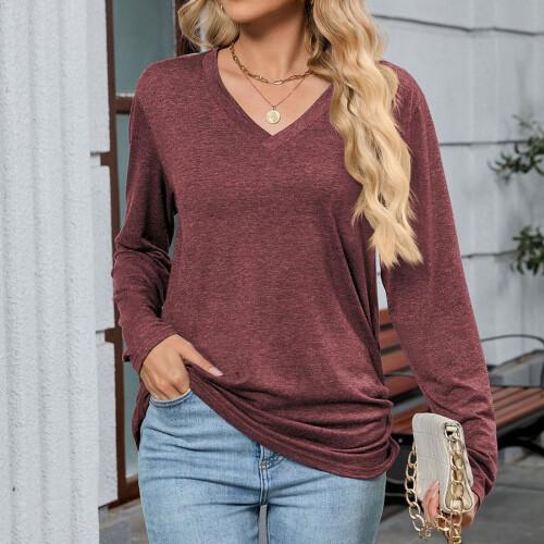 Damen-Langarmshirt mit V-Ausschnitt, lässiges Oberteil,-Grün M 1