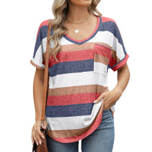 Women's rolled-up short-sleeved V-neck shirt, casual-Red XL