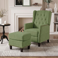 Fabric Upholstered Sofa Pushback Reclining Chair Armchair with Footstool, Green