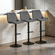 (3pcs, GREY) Set of 3 Bar Stools PU/ Velvet Breakfast Stool Chairs