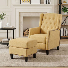Fabric Upholstered Sofa Pushback Reclining Chair Armchair with Footstool, Yellow