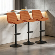 (3pcs, ORANGE) Set of 3 Bar Stools Velvet Breakfast Stool Chairs