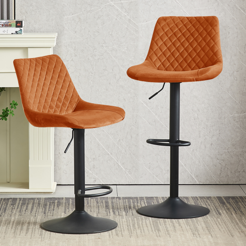 (2pcs, ORANGE) Set of 2 Bar Stools PU/ Velvet Breakfast Stool Chairs