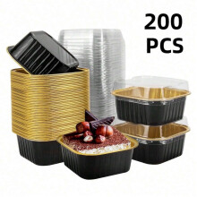 200pcs Baking Cups Aluminum Foil with Lids,5oz Cupcake Mini Cake Pans for Muffins, Desserts, Flans, Pudding&Party Food Display,Black