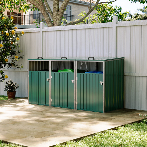 Garden Metal 3 Bin Storage Shed Garbage Can Storage, Green