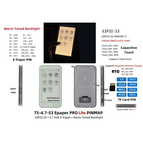 LILYGO Placa de Desenvolvimento e-Ink T5S3 Pro Lite de 4,7 Polegadas com ESP32-S3, Retroiluminação Quente e Suporte para Carregamento Sem Fio 2