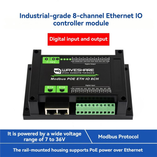 Waveshare Industrial 8-Channel Ethernet Relay Module Digital I/O Module Modbus Protocol PoE Power Supply 1