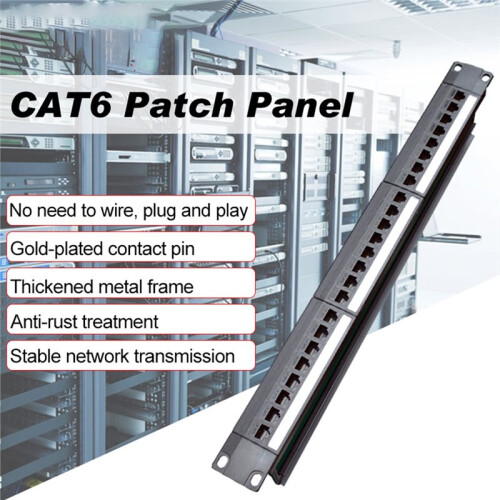 1U Rack 24 Port Straight-Through CAT6 Patch Panel RJ45 Network Cable Adapter Jack Ethernet Distribution Frame 1