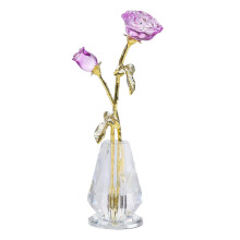 Handmade Crystal Rose Figurine with Vase Bouquet Glass-Purple