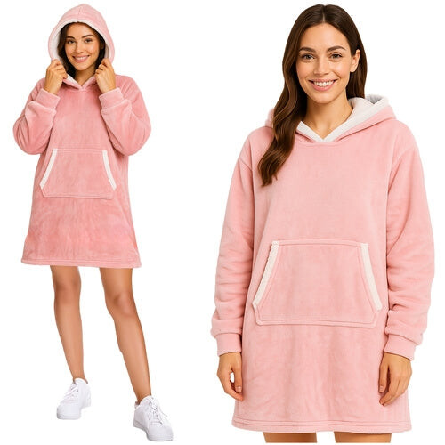 Sudadera XXL rosa tipo manta con capucha y bolsillo