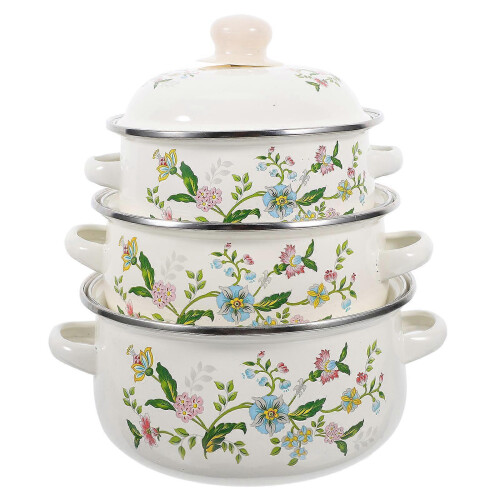 3pcs Enamel Stock Pot Set Flat Bottom Cooking Pots Soup Pots